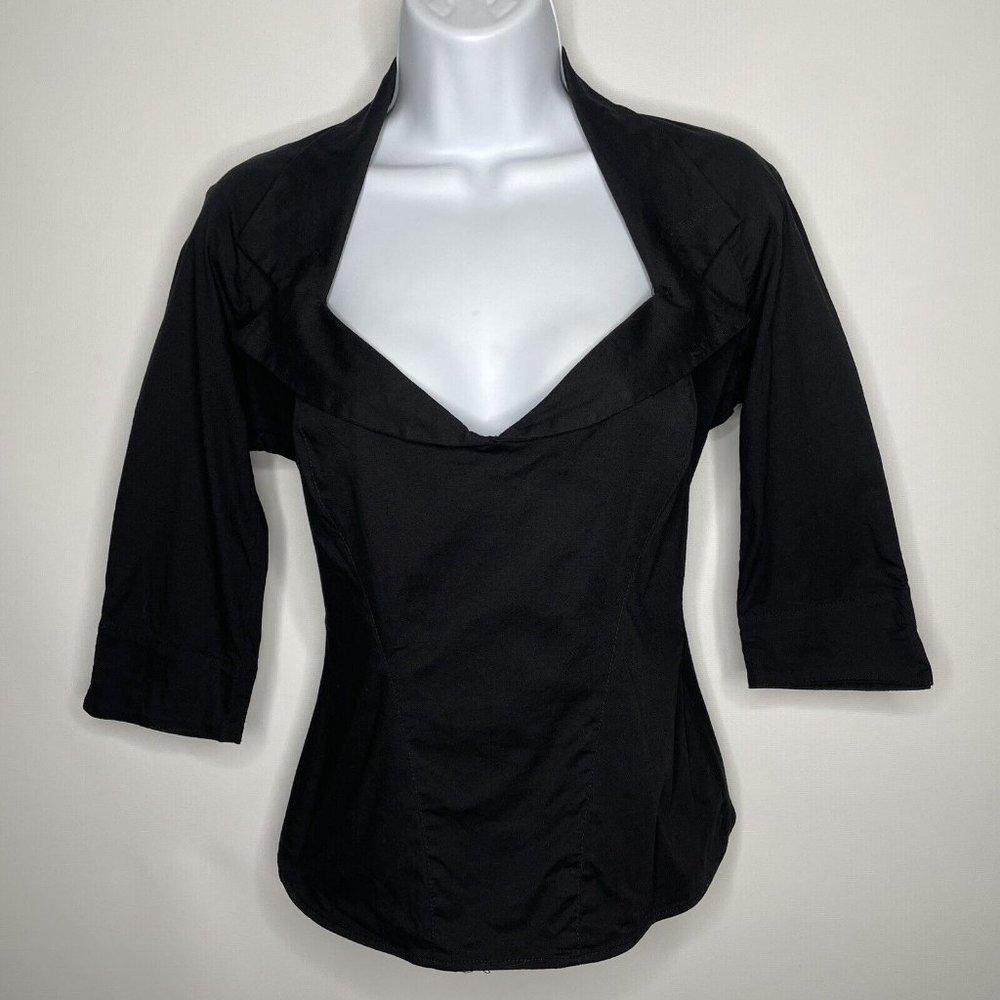 Pinup Couture PUG Retro 50s Doris Fitted Blouse Top Black Sateen